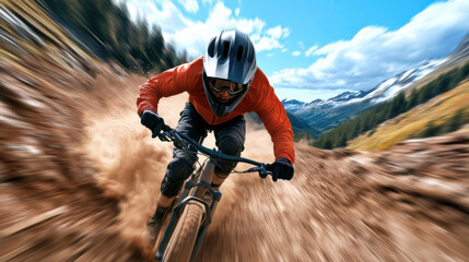 Wall Mural - A man riding a mountain bike on dirt road, AI