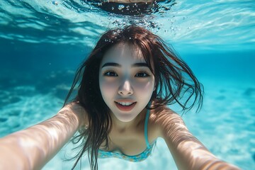 Wall Mural - Portrait of asian woman swimming underwater