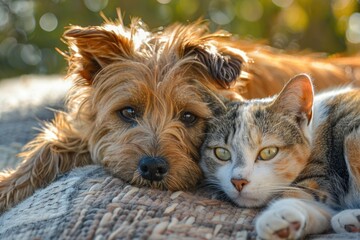 Poster - A dog and a cat share a cozy moment on a blanket