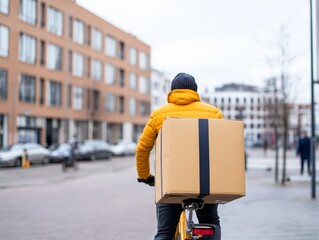 A delivery person rides a bicycle down a city street, carrying a large cardboard box on their back.