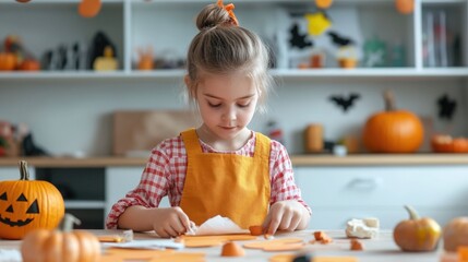 Young girl in apron making Halloween crafts with other tools on a cozy autumn kitchen table  Family activity for holiday