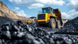 © kokoson6 - A large yellow dump truck hauls coal at a mining site.  The truck is surrounded by piles of coal and a steep cliff.  Blue sky and clouds are in the background.