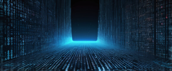 An abstract digital background with binary code and AI algorithms running in the background