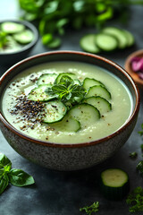 Wall Mural - A bowl of soup with cucumbers and parsley on top