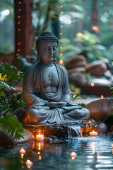 Wall Mural - A statue of a Buddha is sitting in a pond with candles lit around it