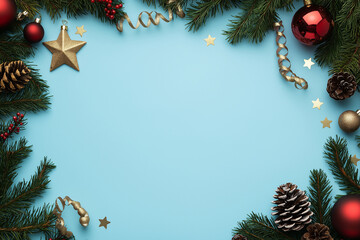 Christmas Holiday Frame with Pine Branches, Ornaments, and Stars on a Light Blue Background