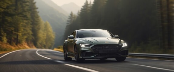 Green Sports Car Driving on Winding Road through Forest