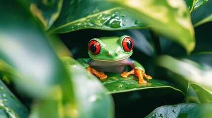 Poster - Red-Eyed Tree Frog Camouflaged in Lush Greenery