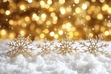 Wall Mural - Three intricate glittery snowflake ornaments rest on a bed of snow, set against a warm golden bokeh background.