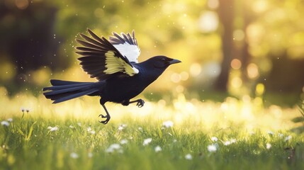 Canvas Print - Black and White Bird in Flight Over a Meadow