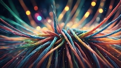 A colorful, tangled mass of wires with a bright, colorful background