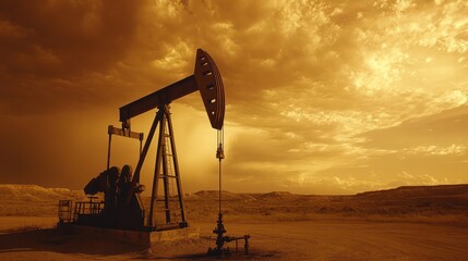 Pumpjack operating in an open field under a dramatic sky, symbolizing the extraction of oil and gas.