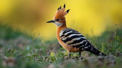 Canvas Print - Hoopoe Bird on Green Grass with Yellow Background