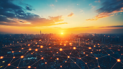 Wall Mural - Sunset over technologically advanced city, with network of digital connections and nodes. Smart city