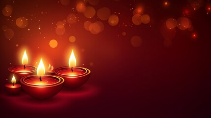 Colorful Happy Diwali festival backdrop with bokeh lights, oil lamp, flower on red background