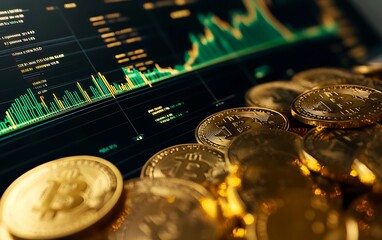 Leinwandbilder - Green Candle Chart with Golden Coins and Dynamic Financial Data Background