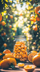 Poster - A jar of orange pills is on a table next to a bunch of oranges. The scene is bright and cheerful, with the oranges and pills creating a sense of health and vitality