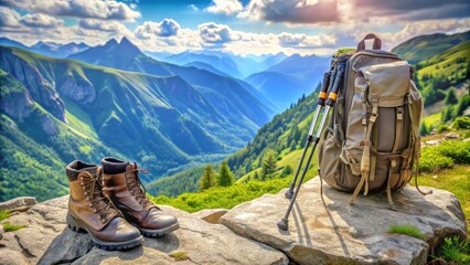 a backpack, trekking poles, and hiking boots rest against a rocky cliff, surrounded by lush greenery