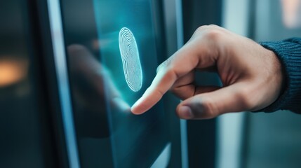 Wall Mural - Close-Up of Hand Touching Digital Fingerprint Scanner on Modern Touchscreen Device for Biometric Authentication