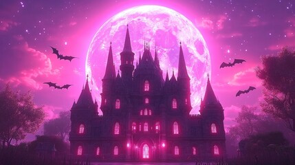 Wall Mural - Gothic Castle Silhouetted Against a Purple Moon