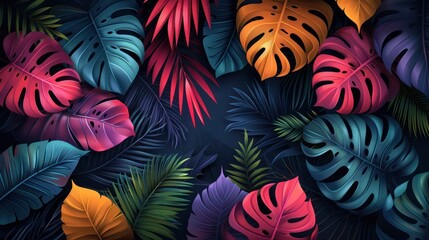 Wall Mural - Vibrant Tropical Foliage on Dark Background