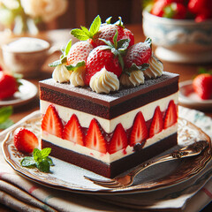 Wall Mural - Luscious strawberry layer cake with cream on a rustic plate