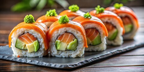 photography of a delicious sushi roll with avocado and salmon