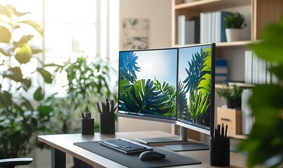 sophisticated home office with dual-monitor display, conceptual art, tidy desk, soft focus backgroun