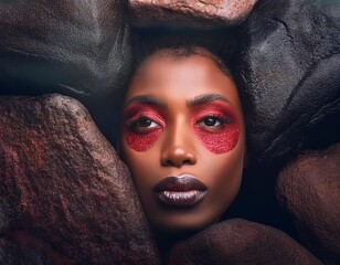 Wall Mural - face emerging rock woman fashion red makeup