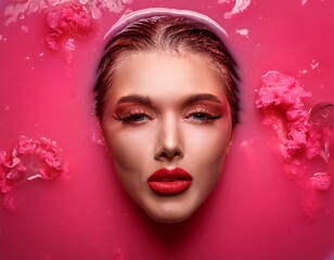 Poster - face emerging pink liquid woman fashion makeup