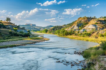 Poster - A serene river flows gently through a picturesque hillside covered in lush green vegetation, ideal for landscape or nature photography