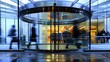 © red_orange_stock - A group of individuals walking in front of a modern glass building with a revolving door