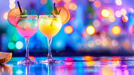 A pair of vibrant cocktails in elegant glasses placed on a table