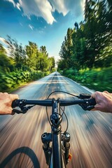 Wall Mural - A person rides a bicycle down a road, with scenic views in the background