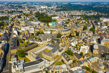 Wall Mural - Urban view from drone of houses of Saint-Brieuc town at sunny summer day, France