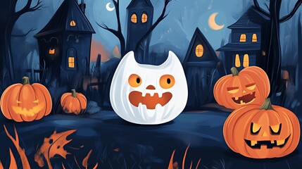 Wall Mural - A spooky Halloween scene featuring carved pumpkins and a ghostly cat figure.