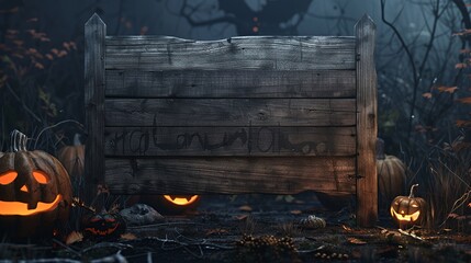 Wall Mural - A spooky scene featuring a wooden sign, carved pumpkins, and an eerie background.