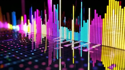 Leinwandbilder - Brightly colored sound waves display various frequencies and amplitudes while reflecting on a glossy black surface.