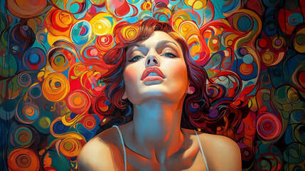 Wall Mural - modern expression colorful woman drawing. pop art painting in bright colours