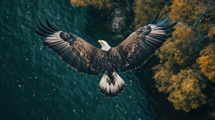 Wall Mural - above view of flying bird, Eagle, over forest background