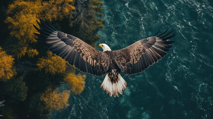 Wall Mural - above view of flying bird, Eagle, over forest background