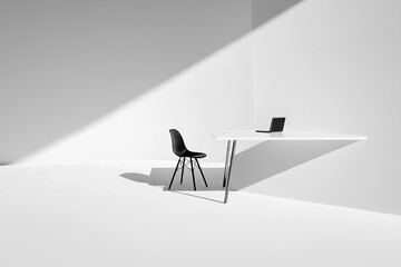 Wall Mural - A white desk with a laptop and a black chair