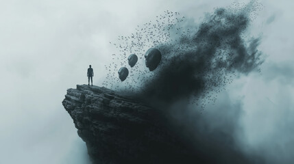 A man stands on a cliff looking out at a stormy sky