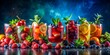© Caitlin - Vibrant summer fruits and berries overflow from colorful cocktails against a dark blue background, surrounded by lush greenery, with ample copy space for text or design.