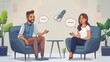 © GenerativeAIpicture - Cartoon vector interviewer asking questions to a guest during a broadcast