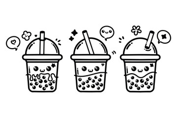 Wall Mural - set of cute cartoon bubble tea illustrations! this vector doodle line art collection features adorab
