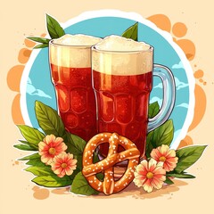 Two Mugs of Beer with Pretzel and Flowers