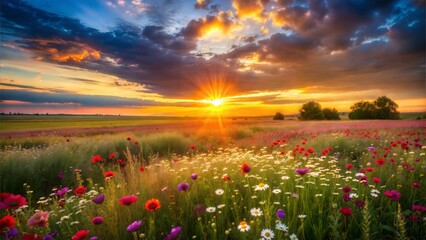 photography of a beautiful sunset over a field of flowers