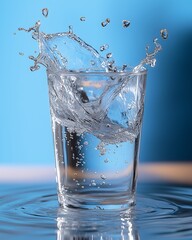 Wall Mural - Water splash in a glass against a blue background