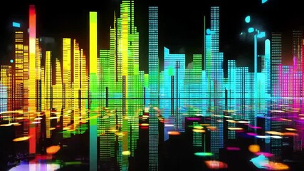 Aufkleber - A lively urban skyline showcases colorful lights, creating reflections on the water's surface during a vibrant night.